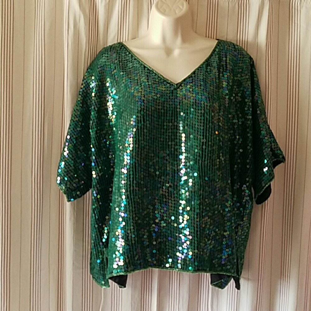 Jewel Queen Holiday Green Sequin Silk Vintage XL